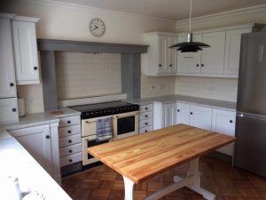 Kitchen cabinets finished in Farrow & Ball strong white.